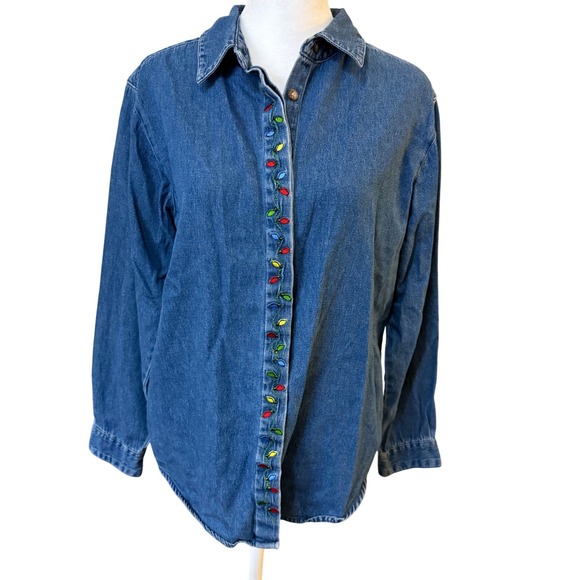 Vintage Nutcracker Womens Denim Shirt Sz M Christmas Holiday Lights Embroidered - Picture 1 of 5
